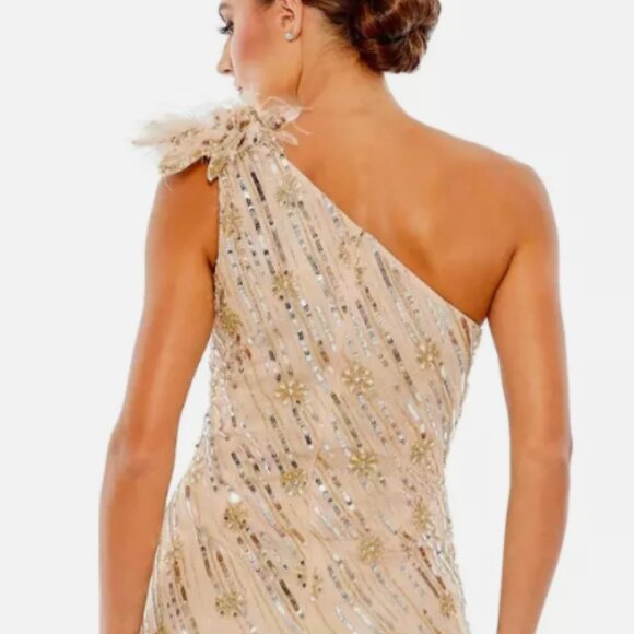 MAC DUGGAL ROSETTE SEQUIN CRYSTAL ONE-SHOULDER NUDE GOLD GOWN sz 0 - Picture 2 of 5